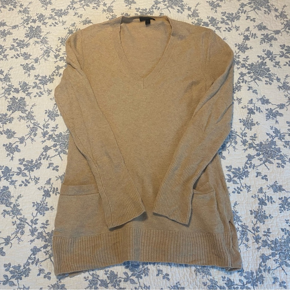 J.Crew V-Neck Front-Pocket Tunic Camel Beige Sweater Supersoft Yarn Size Small